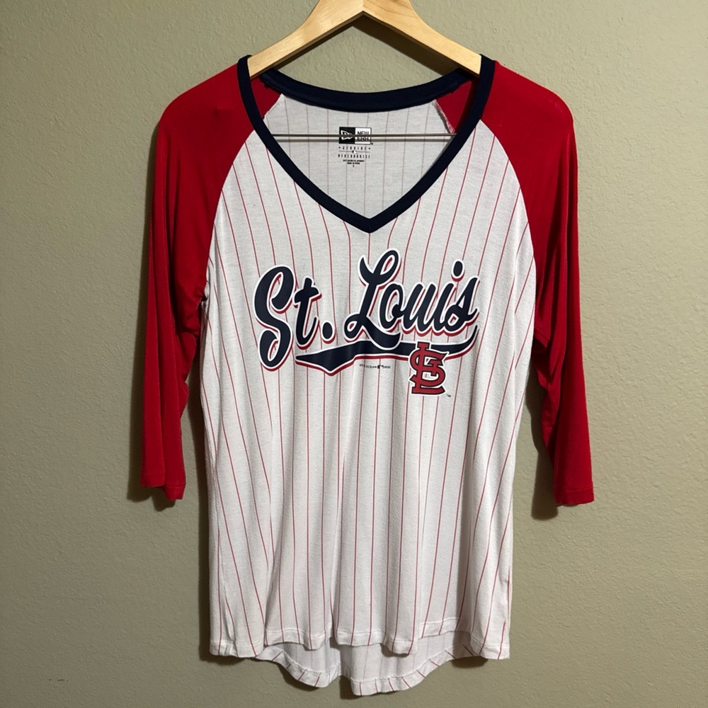 St. Louis Cardinals Baseball Shirt Women’s Small Red Pinstripe 3/4 Sleeve Tee